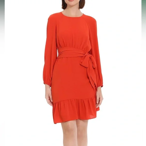 Donna Morgan Women's Long Sleeve Asymmetrical Hem Flounce Dress w/tie fluttering - Picture 1 of 10